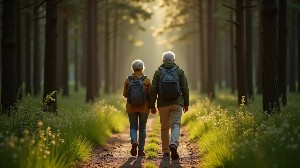 Elderly couple walking on a peaceful forest path surrounded by tall pine trees
