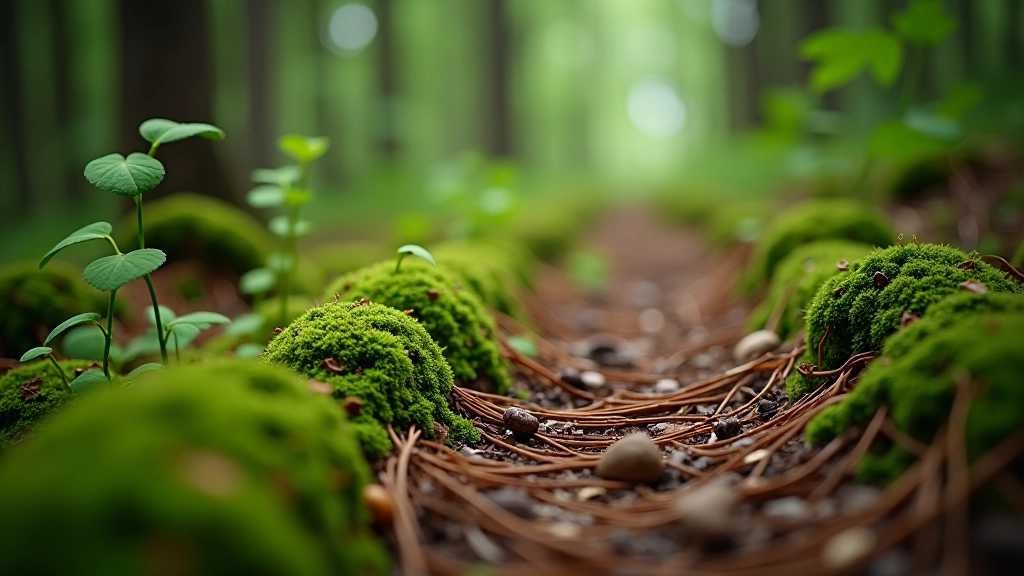 Close-up of forest floor with pine needles, moss, and small woodland plants, natural woodland ecosystem