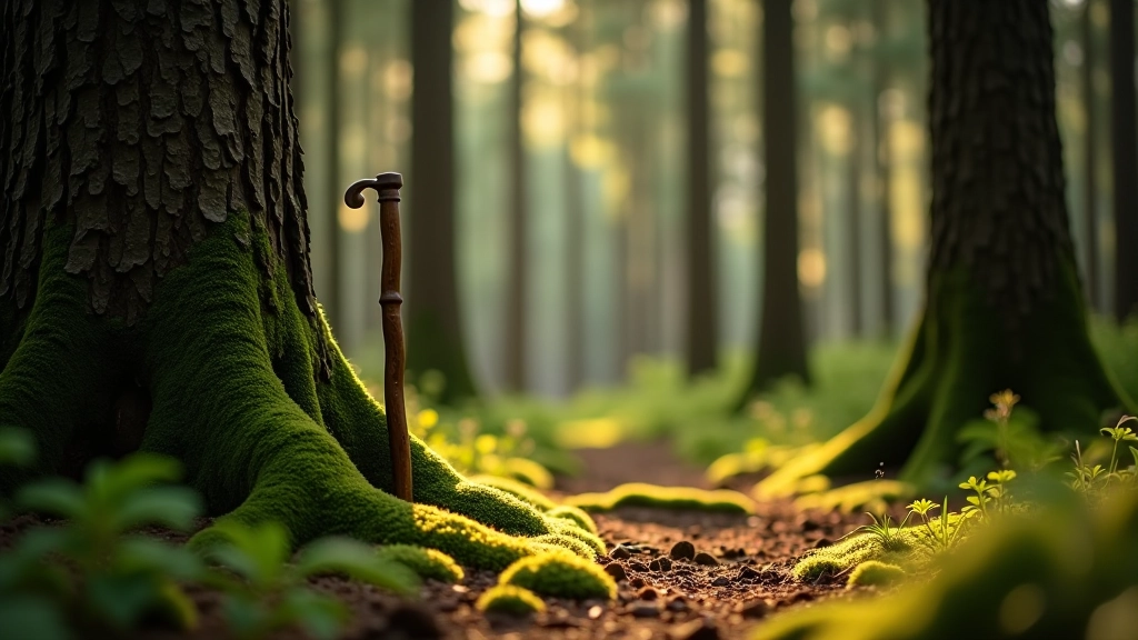 Close-up of pine forest with walking stick resting against a moss-covered tree trunk