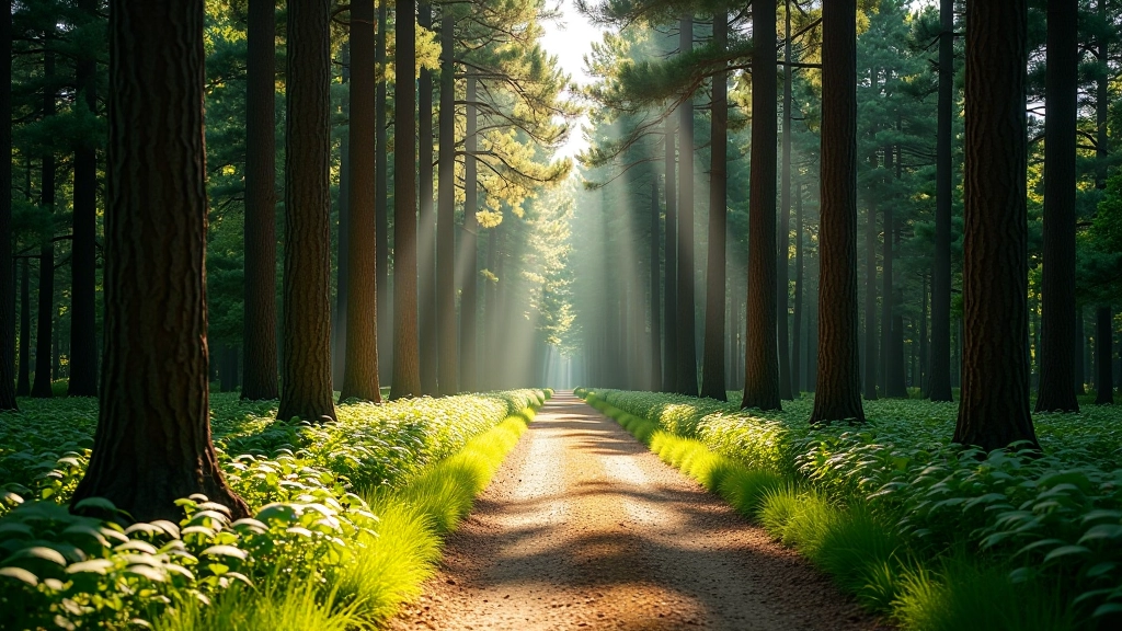 Sunlight streaming through tall pine trees creating dappled shadows on the forest path ahead