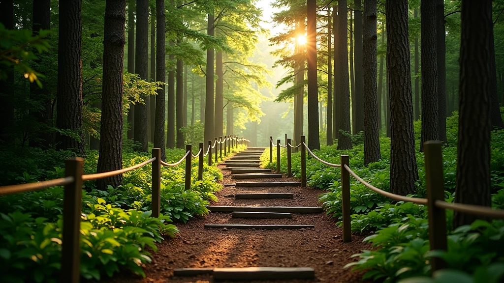 Winding forest trail ascending gradually through dense pine forest with rope handrails visible