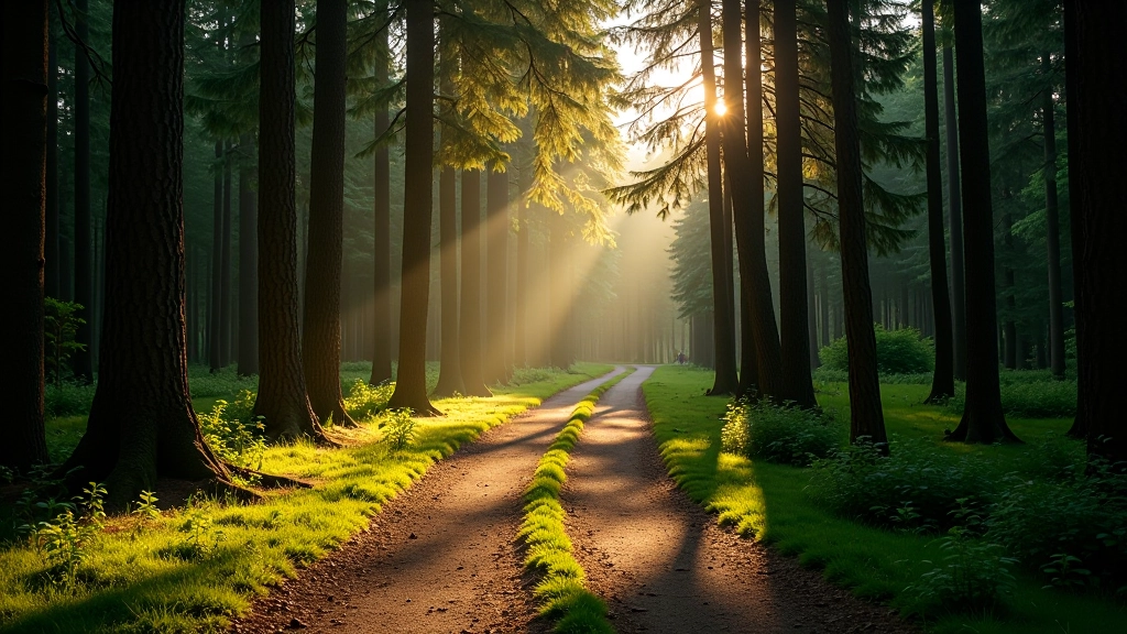 Peaceful forest pathway lined with mature pine trees creating dappled sunlight patterns on the well-maintained trail surface
