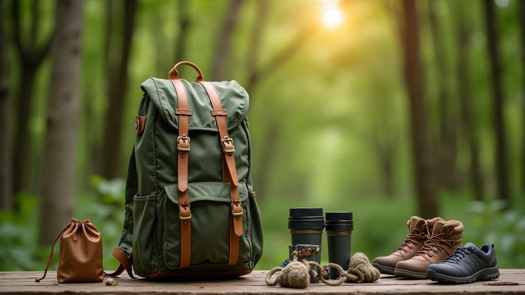 Organized hiking backpack with gear neatly arranged showing compartments and pockets, natural light background