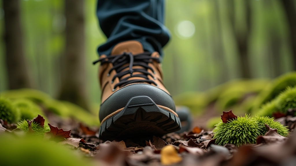 Close-up of hiking boot sole on forest ground showing tread pattern gripping moss and leaves