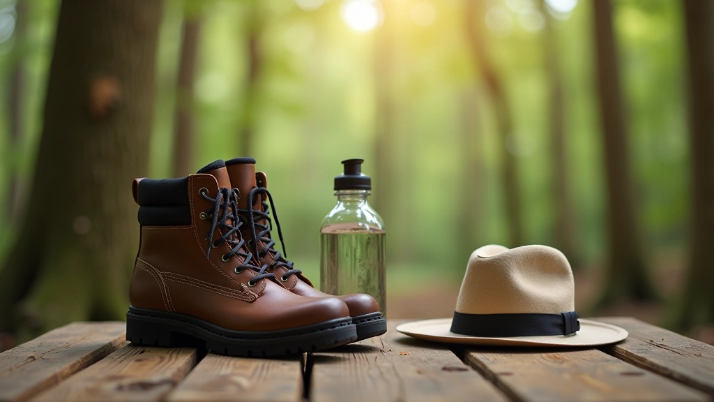 Comfortable hiking boots and walking gear laid out on a wooden surface next to a water bottle
