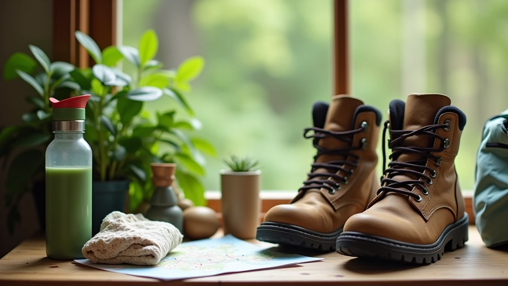 Hiking essentials laid out on a wooden table including water bottle, comfortable hiking shoes, snacks, and a light jacket
