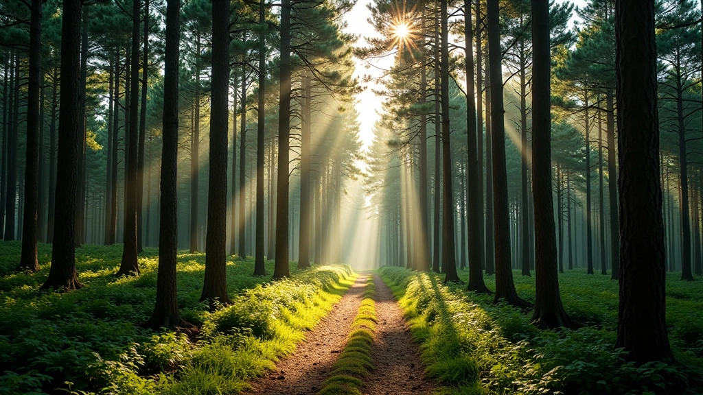 Peaceful forest scene with sunlight filtering through mature pine trees, peaceful atmosphere, natural woodland setting