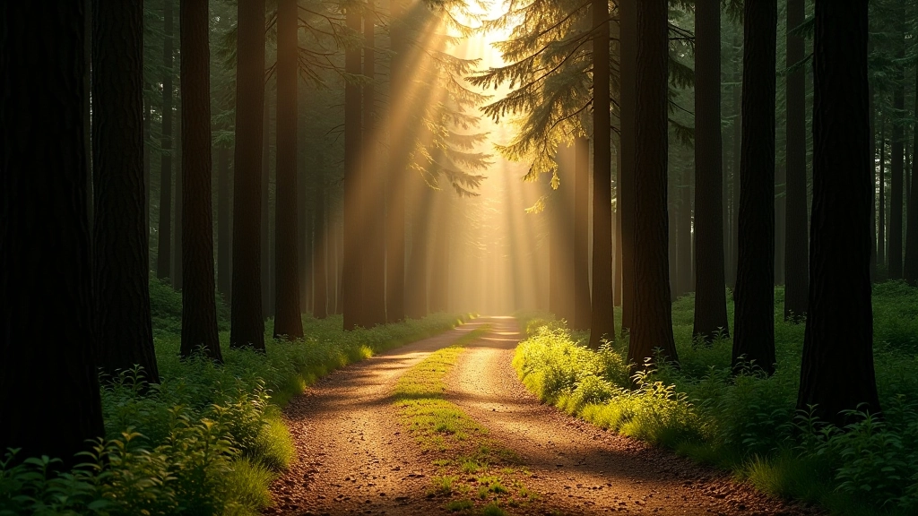 Narrow woodland path disappearing into tall pine forest with filtered golden sunlight creating peaceful atmosphere