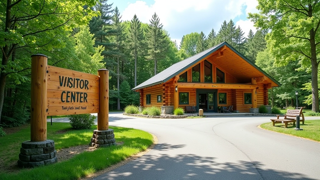 Park entrance sign and visitor center building at Tērvete National Park with parking area and information boards visible