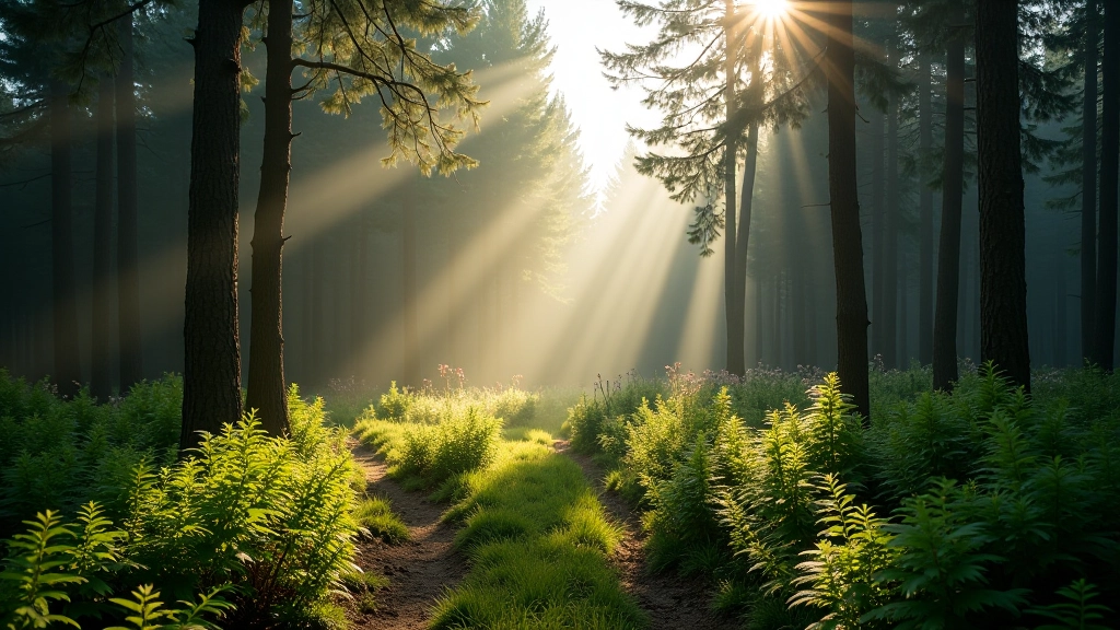 Serene forest clearing with sunlight streaming through tall pine trees and wildflowers
