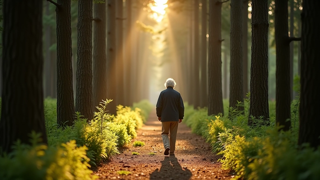 Older adult enjoying a peaceful walk through forest trails surrounded by tall pine trees