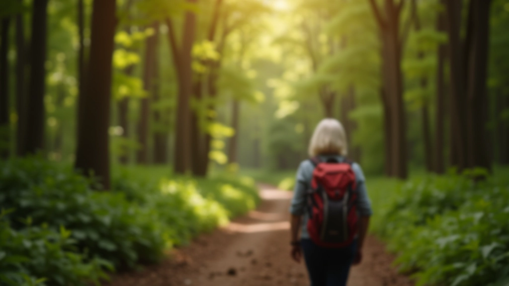Person from behind wearing hiking backpack on forest trail with sunlight filtering through trees