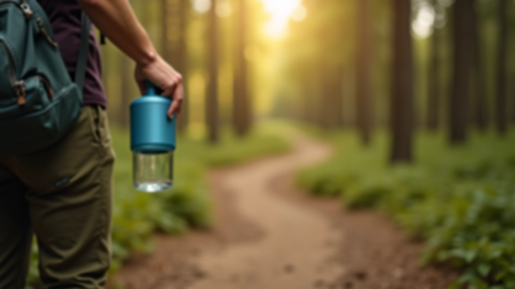 Person holding reusable water bottle on forest trail, hiking backpack visible