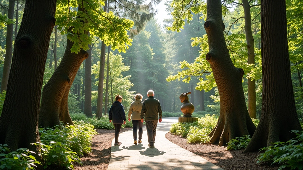 Enchanting Tērvete fairy tale park with mystical sculptures nestled among towering pine trees