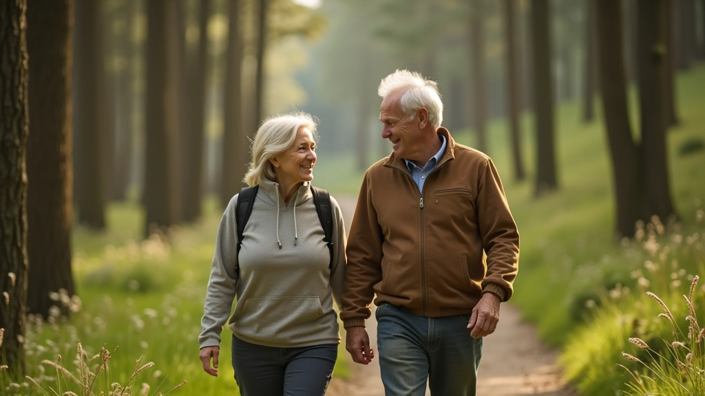 Two older adults walking together on a forest trail, enjoying conversation and natural environment