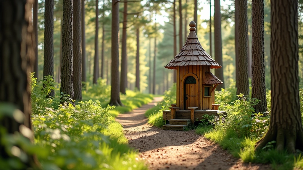 Colorful fairy tale sculpture nestled among pine trees at Tērvete Park with natural forest background and peaceful atmosphere
