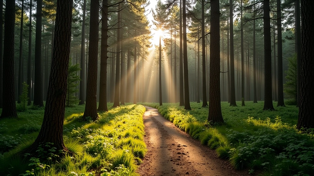 Serene forest landscape with towering pine trees and a winding woodland path in natural daylight