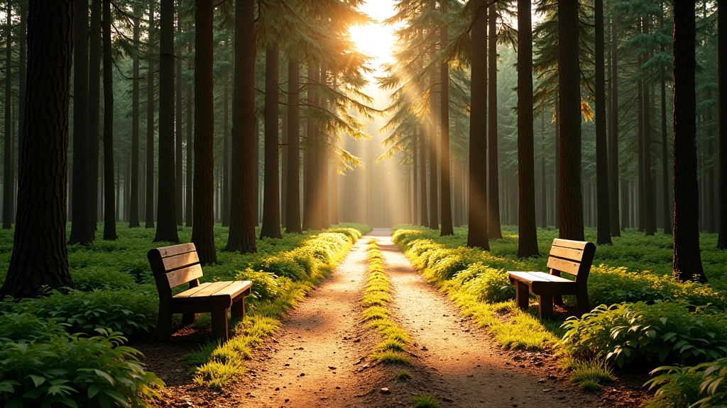 Wide forest path through mature pine woodland with benches visible in distance, golden afternoon light