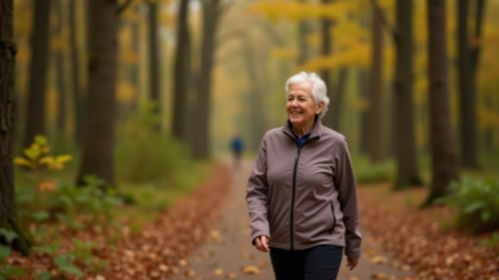 Older adult woman walking confidently on a well-maintained forest trail with autumn leaves, comfortable athletic wear, natural daylight filtering through trees