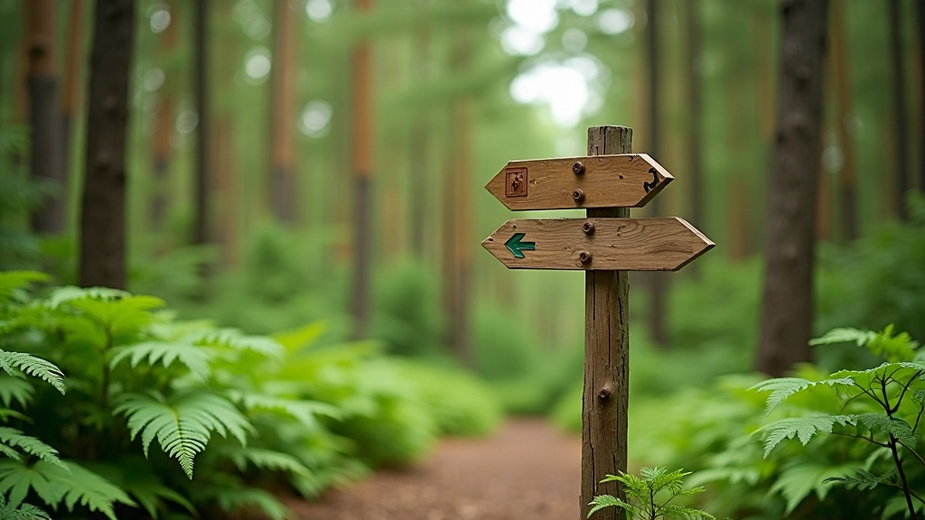 Trail junction sign with directional markers pointing toward different forest paths at Tērvete Park with green vegetation
